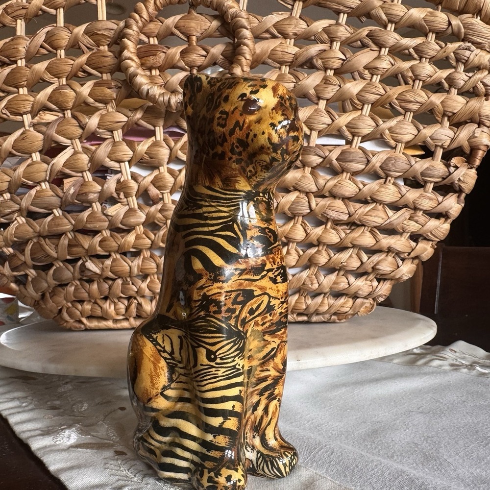 La Vie Leopard Cheetah Patchwork Quilt Paper Mache Figurine Ceramic 8" Safari